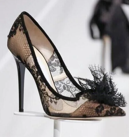 

Sexy Black Lace Mesh Pumps Women Shoes Pointed Toe Lace Flower Women Shoes High Heels Stiletto Heels Banquet Dress Shoes