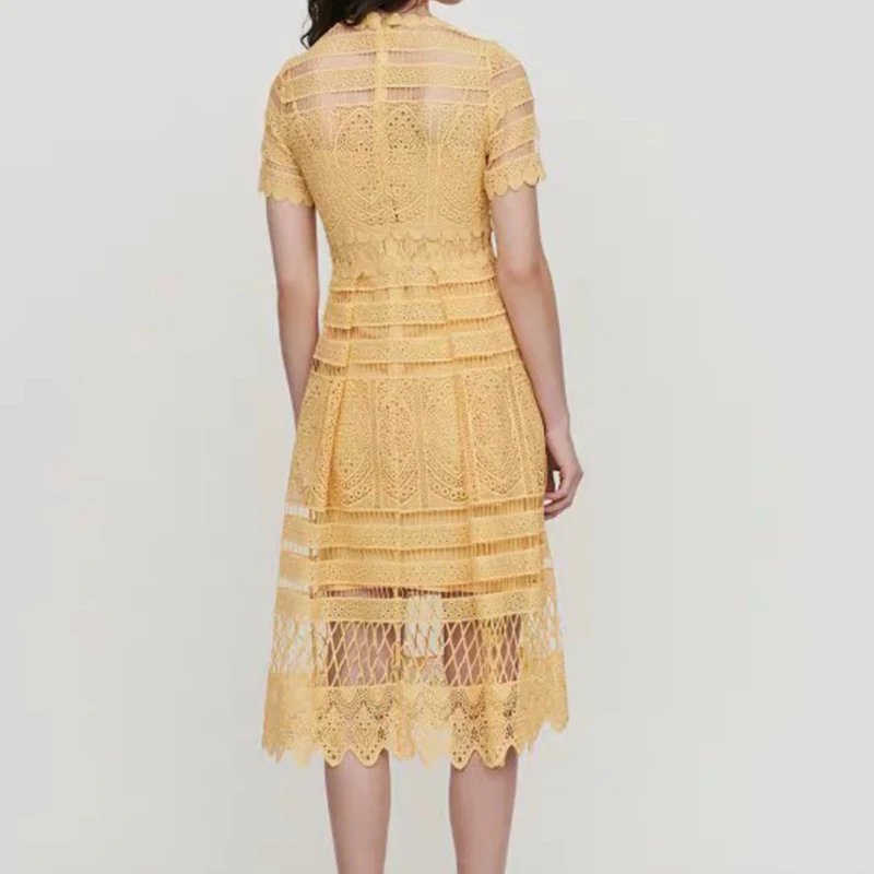 JSXDHK Summer Runway Swing Dress Women Short Sleeve Yellow Lace Holiday Long Dress Fashion Floral Hollow Out Party Midi Dress