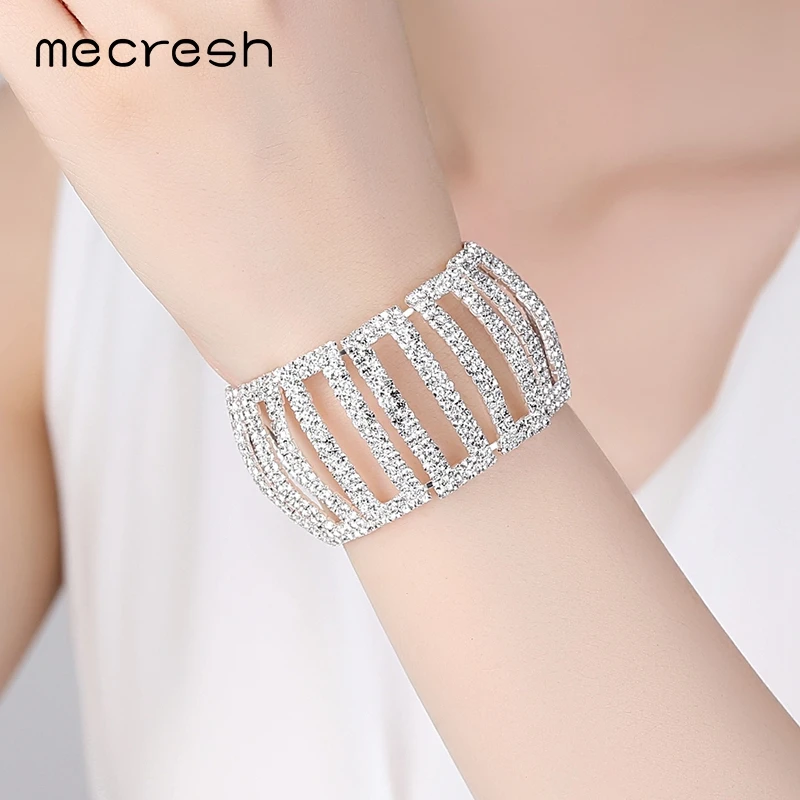 Mecresh Simple Geometric Rhinestone Bracelets Bangles for Women Silver Color Bridal Wedding Engagement Jewelry MSL345 | Украшения и