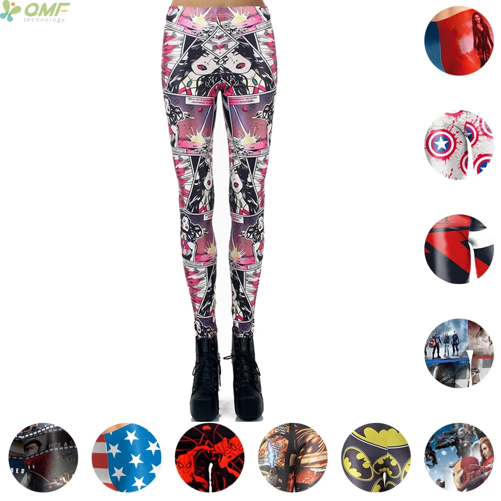 Мультяшный принт супергероев женские узкие брюки Капитан Америка модные