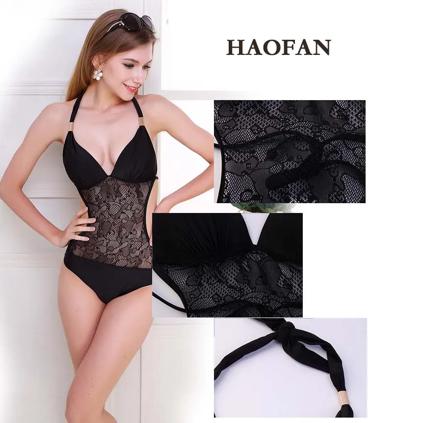 HAOFAN 2018 Black Lace One Pieces Swimsuit Sexy High Waist Bikinis Women Push Up Swimwear Bathing Suit Beach Hang Bikini | Спорт и