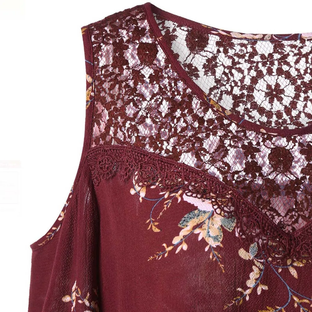 5XL Женские блузки с длинным рукавом размера плюс, топы, кружевная блузка с открытыми плечами, блузка с цветочным рисунком, летняя модная футболка с круглым вырезом