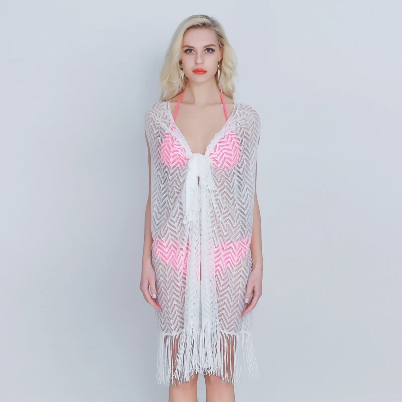 2019 New Beach Cover Up Womens Lace Beachwear Ups Sexy V Neck Bathing Suit Tassel Dress Crochet Kaftan Cardigan | Женская одежда