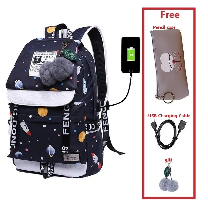 Set 15 Женский нейлоновый рюкзак с usb-разъемом для зарядки, водонепроницаемая школьная сумка для ноутбука, Студенческая модная школьная сумка, детские школьные сумки для девочек - Цвет: Set 15