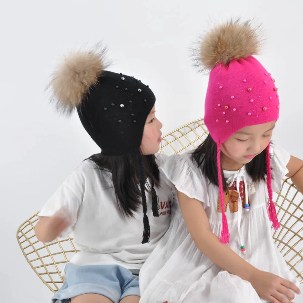 Зимняя шерстяная детская шапка с помпоном из натурального меха для мальчиков и