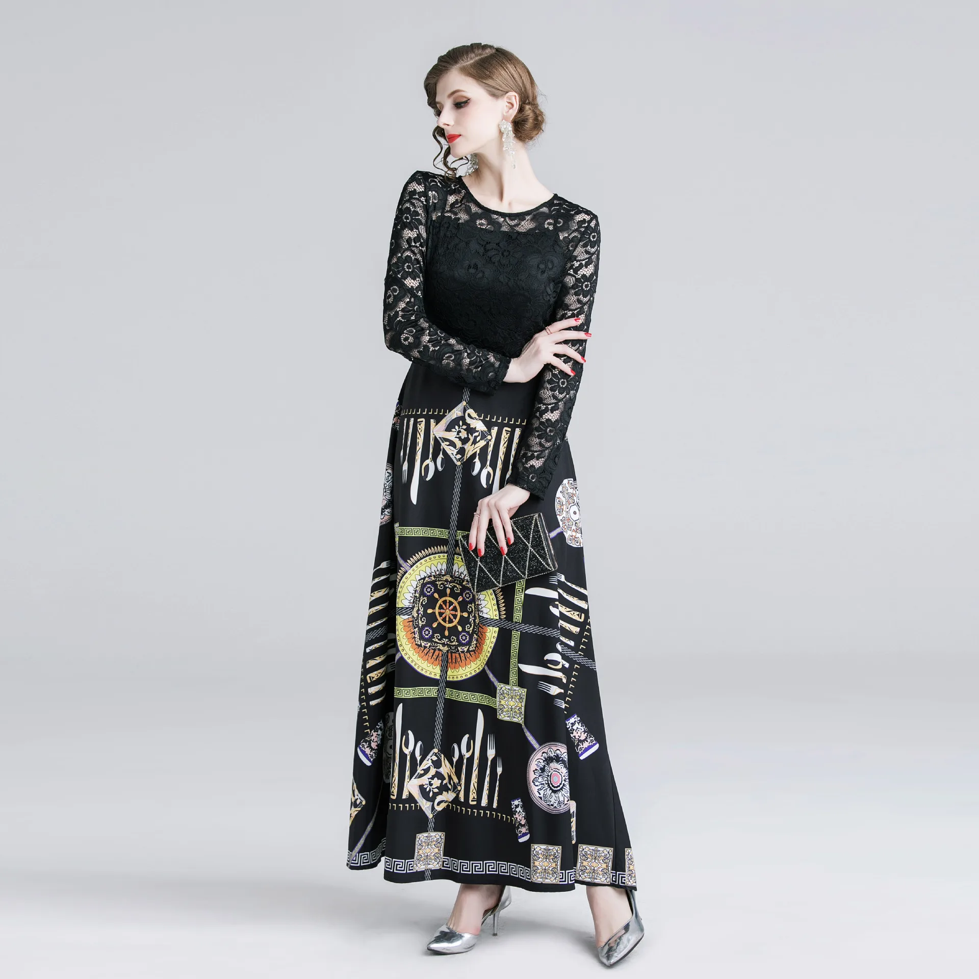 Женское длинное кружевное платье элегантное облегающее в стиле ретро с высокой