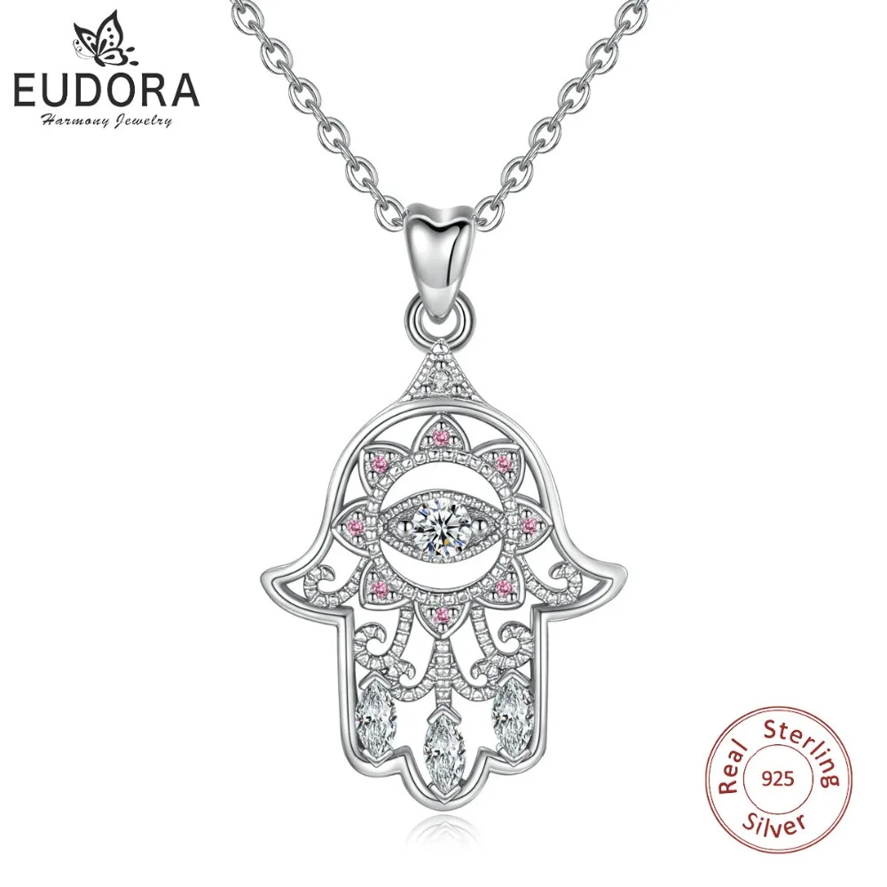 EUDORA 925 пробы Серебряное ожерелье с подвеской в виде руки хамсы на удачу, очаровательное ювелирное изделие, подарок на день рождения девочки мальчика D283