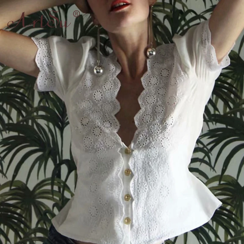 ArtSu Retro Boho Short Puff Sleeve Summer Lace Crochet Hollow Out Crop Top V-Neck Sexy Women White Shirt Backless Up Blouse | Женская