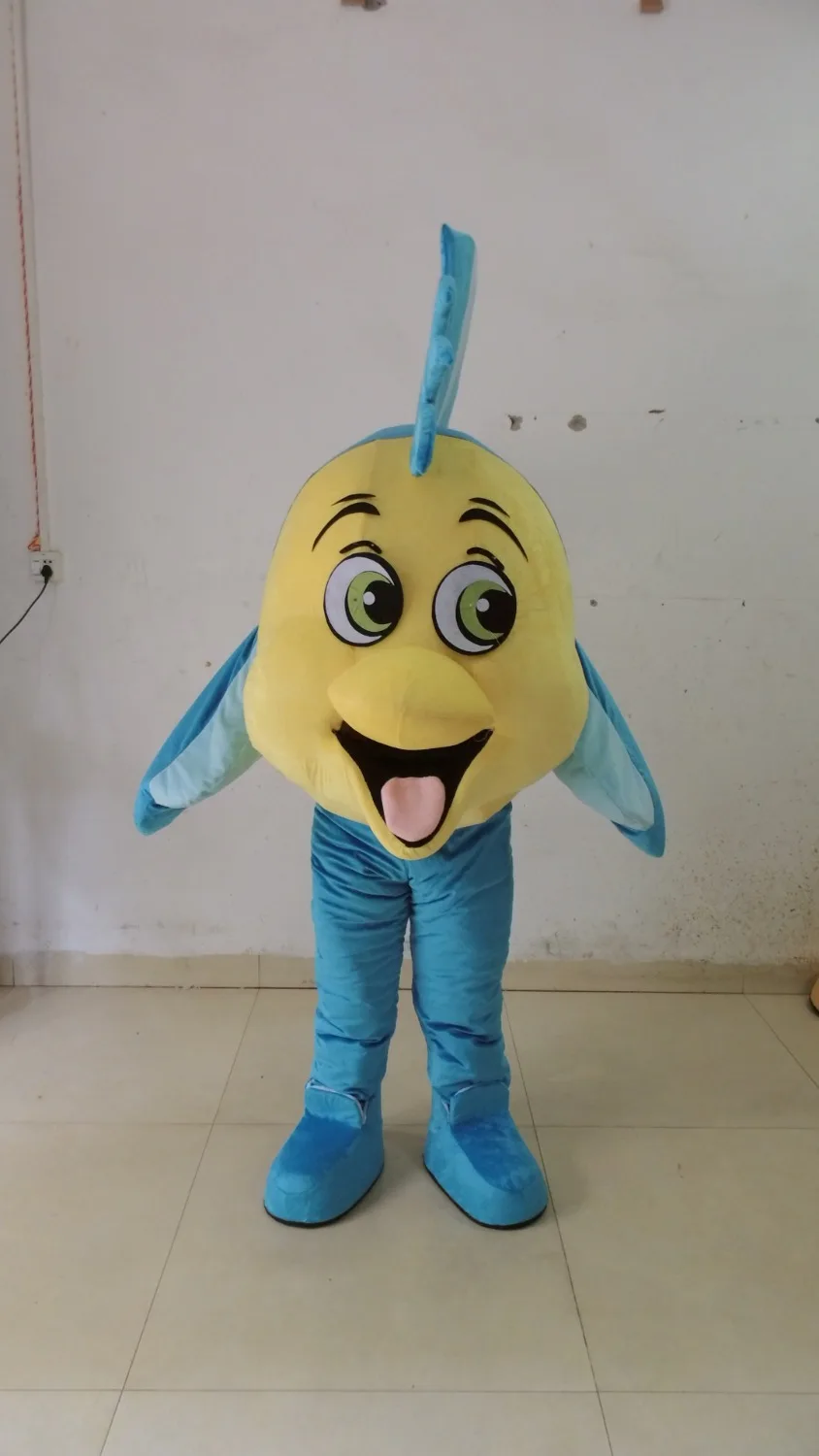 

High quality Fresh Yellow Blue Tropical Fish Aquarium COLORFUL FISH Goldfish Gold Mascot Costume With Green Wings Black Legs