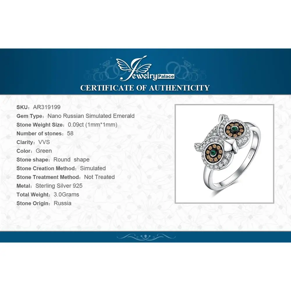 JewelryPalace Nano России искусственный изумруд сова кольцо 925 пробы серебро Мода Дизайн