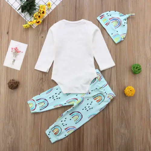 2018 Canis Infant Kids Baby Girls Boys Long Sleeve Mama Rainbow Romper Pants Hats Outfit Autumn Set Clothes | Детская одежда и