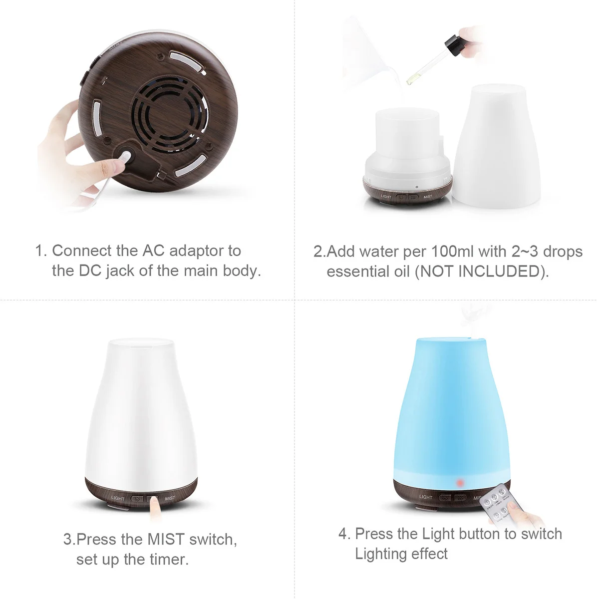 Aroma Essential Oil Diffuser Ultrasonic Air Humidifier with Wood Grain 7 Color Changing LED Lights for Office Home 100ML | Бытовая