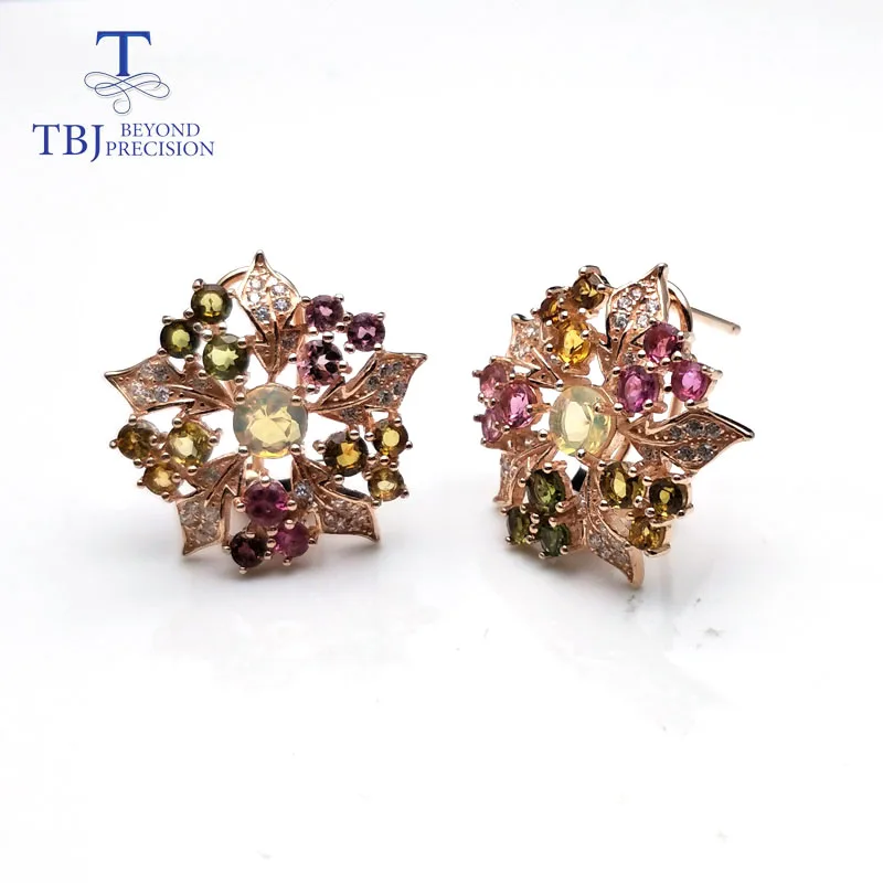 tourmaline TBJ, стиль красочные Турмалин матч опал цветок серьги натуральный драгоценный камень серебро 925 пробы, цвет розовое золото ювелирные изделия для леди - Цвет камня: tourmaline