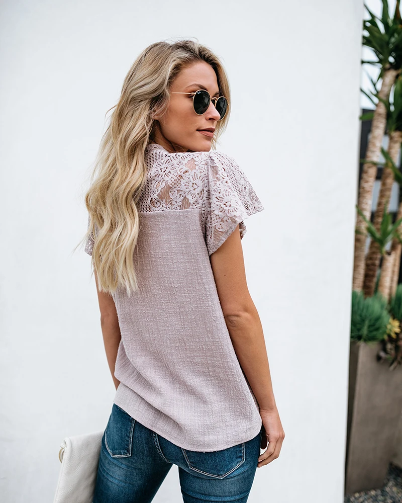 RQOKIA женские блузки Топы кружевные лоскутные полые расклешенные оборки с