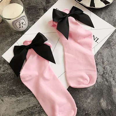 PinkBlack 27 Colors.Chic Streetwear Women's Lovely Candy Color Bow Socks.Casual Female Contrast Color Short Socks.Cute Ladies Bow knot Sox - Color: PinkBlack