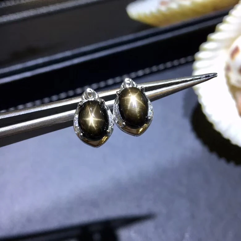 Серьги из серебра 925 пробы с натуральным черным сапфиром|Серьги-гвоздики| |