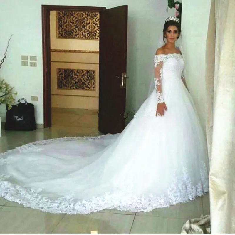 

Свадебное платье-трапеция с длинным шлейфом, кружевное свадебное платье с вырезом лодочкой и открытыми плечами, свадебные платья с длинным рукавом, 2021
