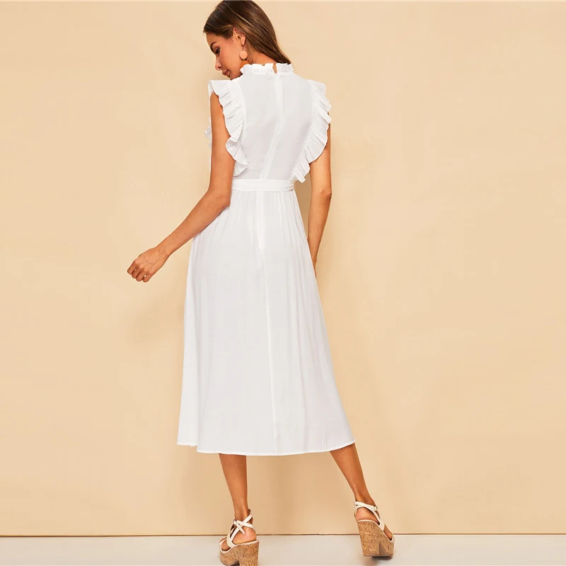SHEIN модное платье с оборками, цветочной вышивкой, поясом, на молнии, стоячим воротником, без рукавов, Boho, ТРАПЕЦИЕВИДНОЕ летнее женское платье