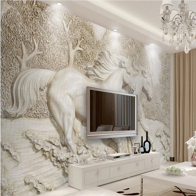 beibehang Wallpaper Mural Wall Sticker 3D Stereo Relief White Horse TV Backdrop papel de parede wallpaper for walls 3 d | Обустройство