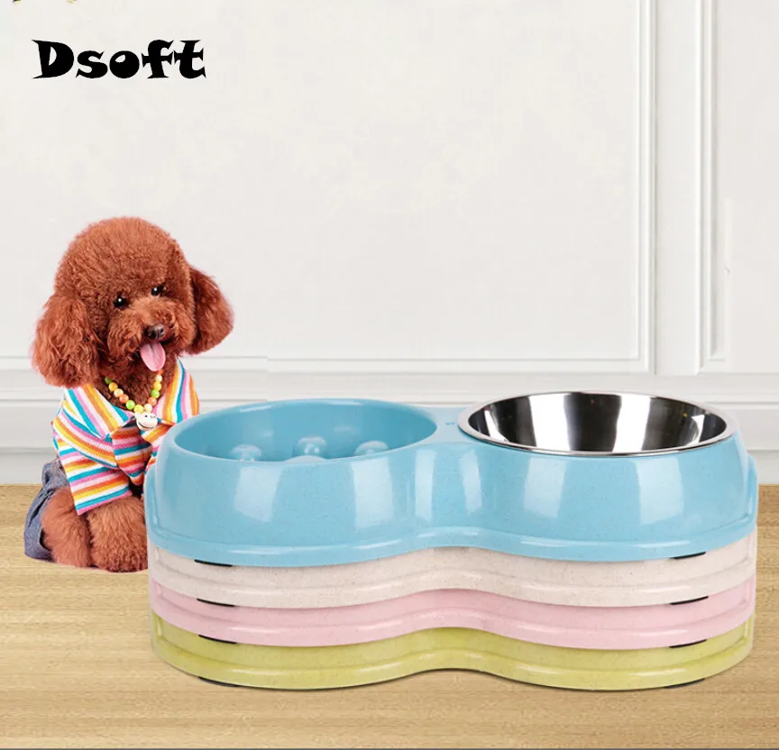 Для Кормления Собаки Миски для еды пластиковая двойная Нескользящая миска