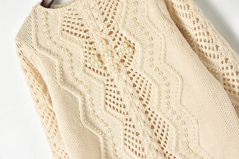 Hollow Out Beaded Sweater Women 2019 Spring New Slash Neck Crude Wool Line Knit Ladies Ruway Pullovers Chic Tops | Женская одежда