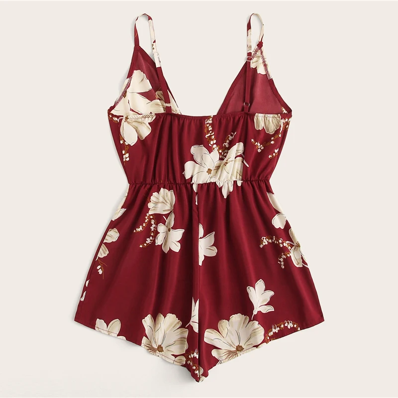 Dotfashion бордовый цветочный принт эластичный пояс Cami Romper для женщин Лето Boho Спагетти ремень свободный высокий приталенный легкий костюм с шортами