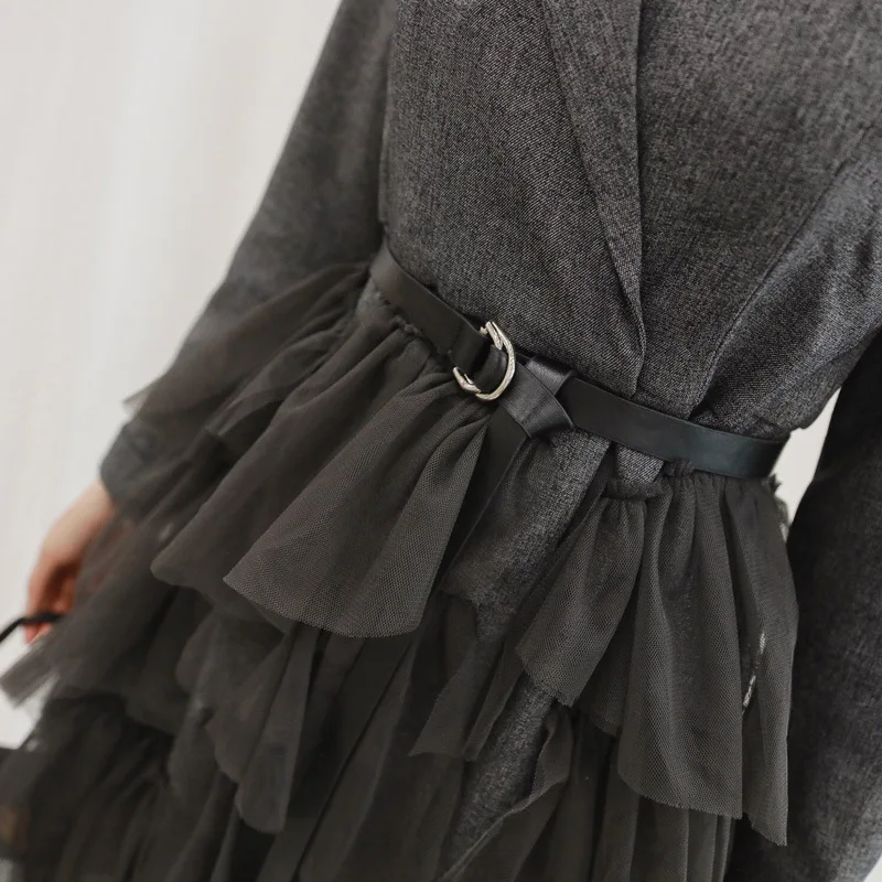 Autumn Patchwork Cascading Ruffle A-Line Dresses Turn-down Collar Long Sleeve Women Dress Elegant Lady Bandage Sexy Party | Женская