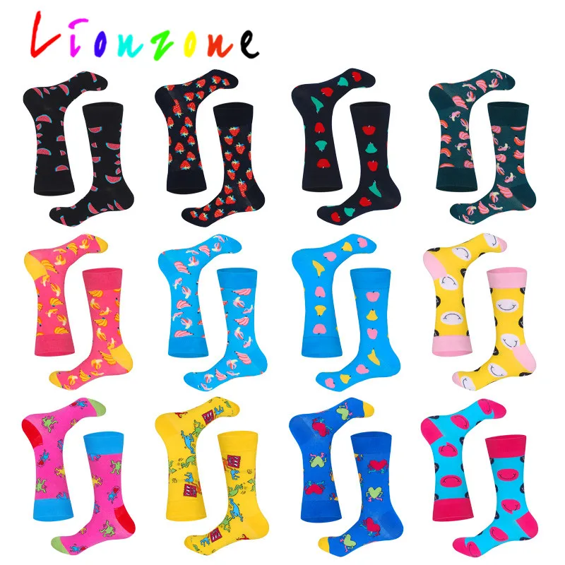 LIONZONE, фирменный дизайн, счастливые носки для женщин, плюс размер, с бананом, грушей, фруктами, улыбающимся лицом, цветные носки унисекс