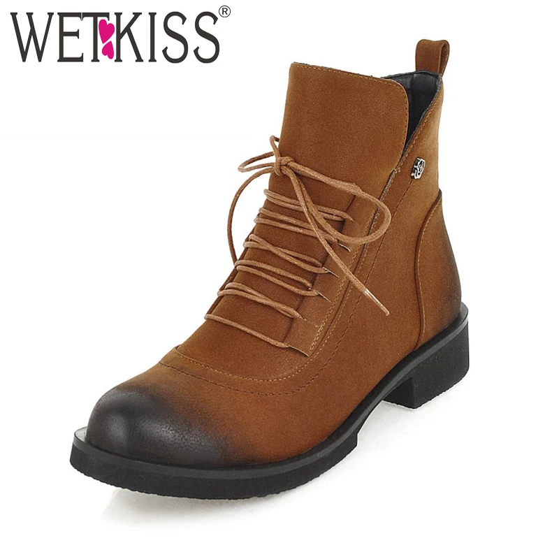 WETKISS/женские мотоциклетные ботинки на низком каблуке с закругленным носком и
