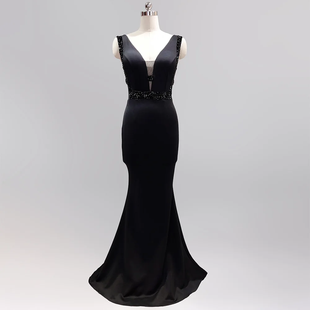 Black Женское платье Vestido de fiesta, сексуальные длинные вечерние платья, расшитые бисером, v-образный вырез, сексуальное облегающее платье Русалка, свадебные, вечерние - Цвет: Black
