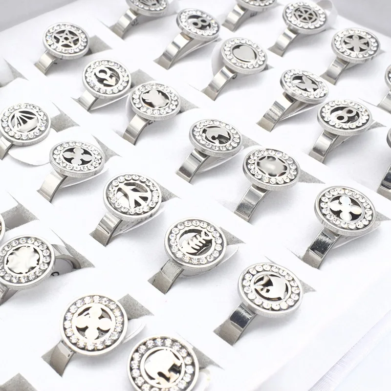 

20 Pieces Stainless Steel Women Ring Fashion Jewelry Mix Style Inlay Rhinestone Star Flower Crown Charm Cute Engagement Ring