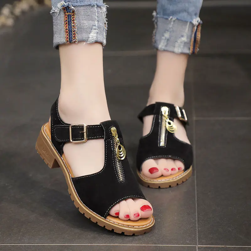 

35-40 size Summer women shoes low heel Open Toe women sandals fashion easy match zipper sandals round heel sandals student shoe