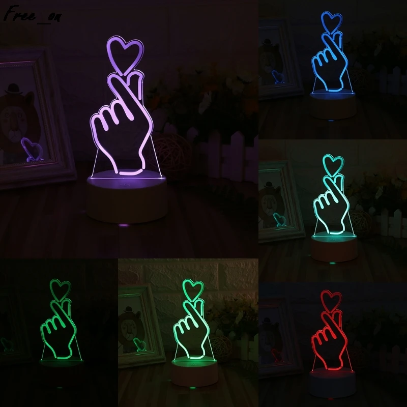 USB новизна 7 цветов Изменение палец сердце СВЕТОДИОДНЫЙ Ночник светильник 3D
