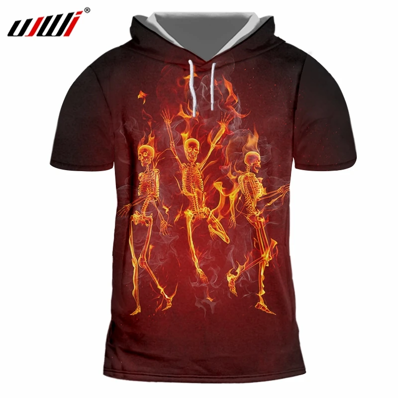 

Новинка, забавная блестящая Мужская футболка UJWI с капюшоном, интересные толстовки с 3D принтом, футболка черного, красного, креативного танца, черепа с пламенем для мужчин