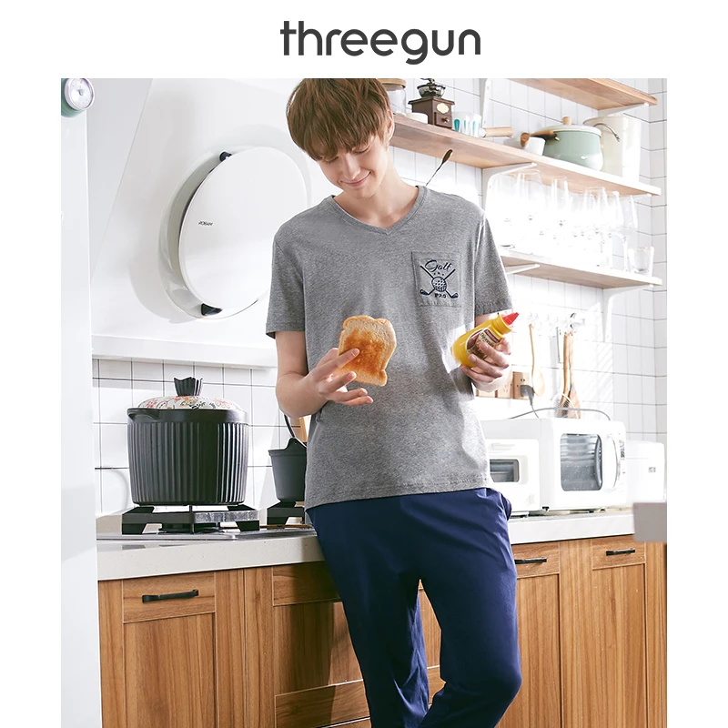 THREEGUN хлопковые мужские Пижамы 2019 новые мягкие с v-образным вырезом коротким