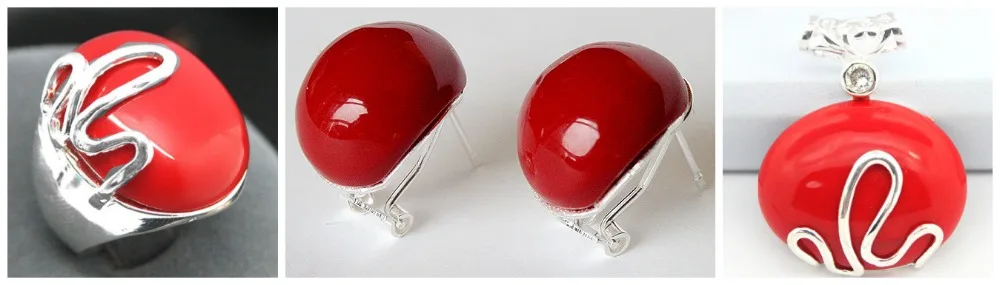 

Perfect matched Red Carved Lacquer Marcasite 925 Sterling Silver Ring(#7-10) Earrings & Pandent jewelry sets