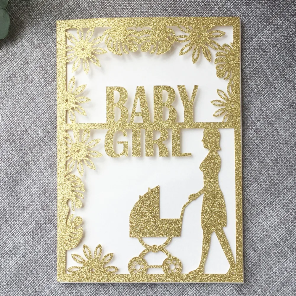 

40pcs/lot Chic Glitter Paper Invitations Card Baby Girl Sweet Birthday Party Decorations Baby Shower Invite Gender Reveal