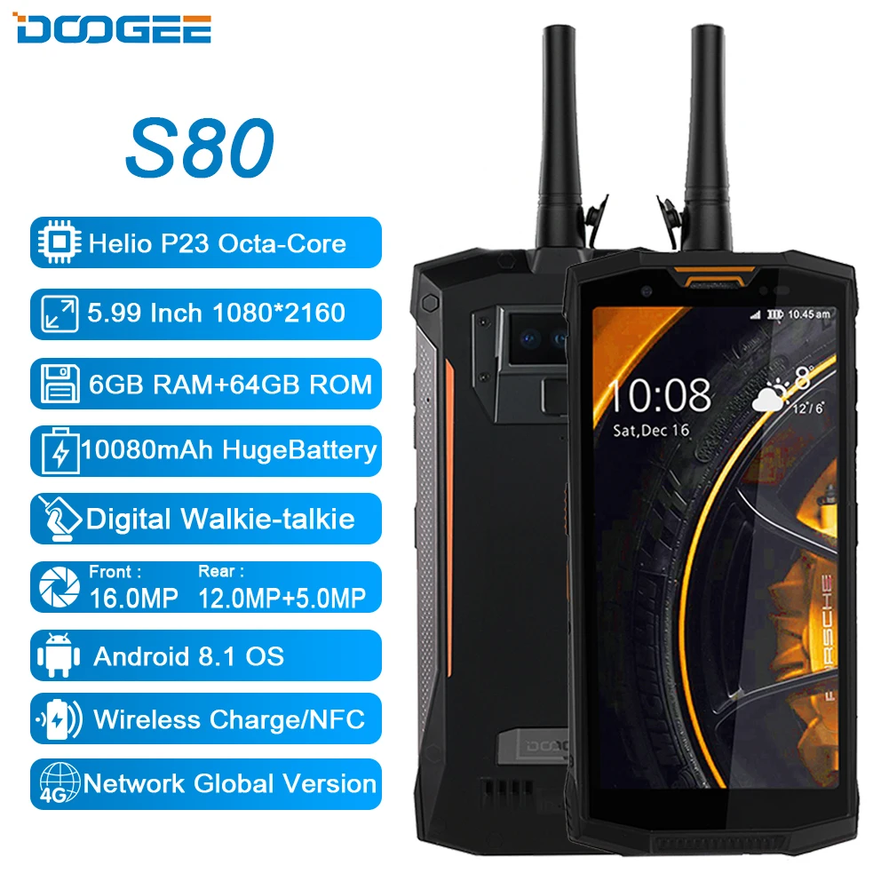 DOOGEE S80 прочный смартфон 6 ГБ + 64GB10080 мАч Walkie Talkie 5 99 &quotAndroid 8 1 IP68 водонепроницаемый