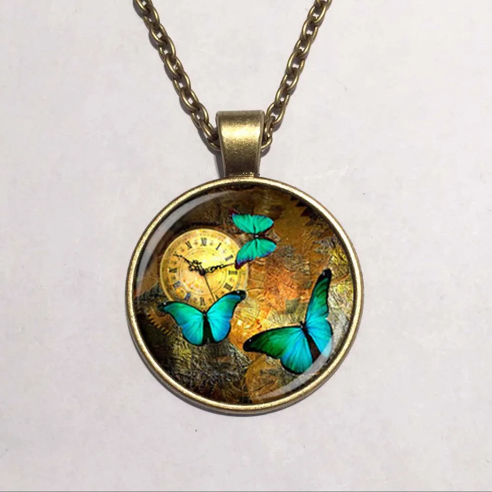 Оптовая продажа стеклянный купол стимпанк часы подвески ожерелья бабочки для