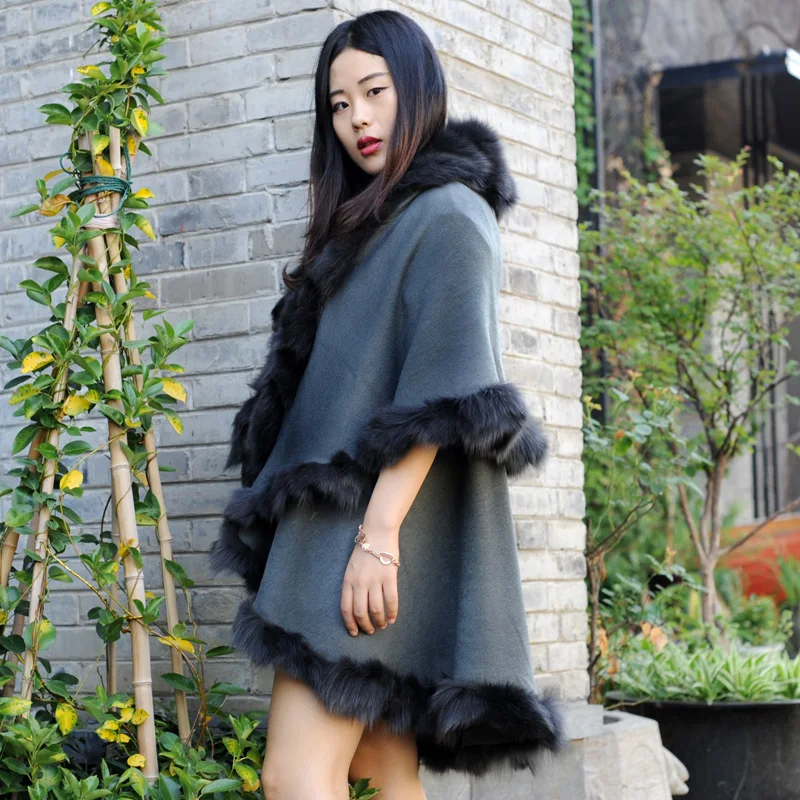 CX B P 45B Женская кашемировая шаль с отделкой из лисьего меха|fur trim cape|cashmere shawlfur cashmere