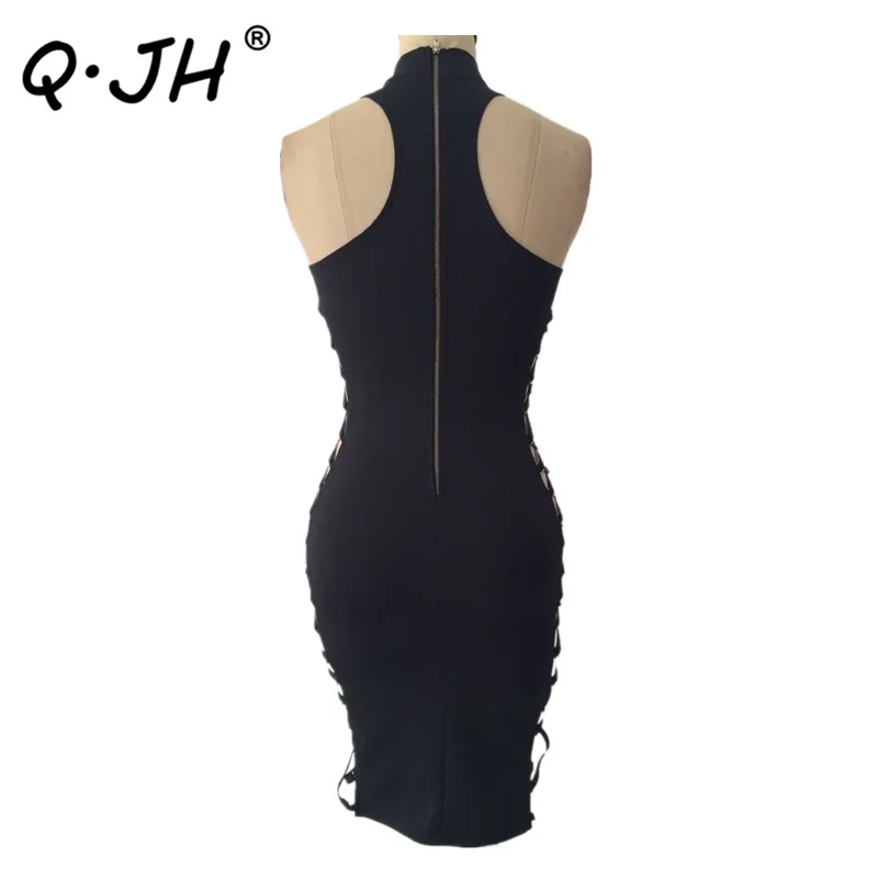 Сексуальная выдалбливают Бинты рукавов dress черный зашнуровал bodycon Midi Dress vestidos де