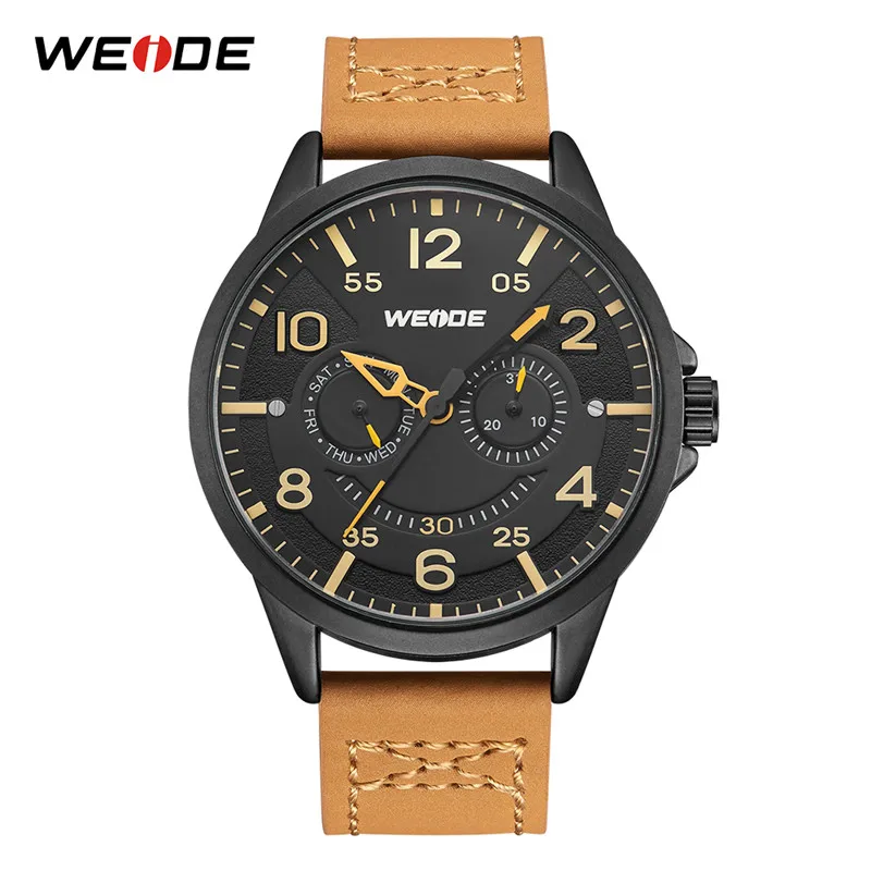 Brown WEIDE Роскошная модная модель Мужские Аналоговые кожаные спортивные армейские военные кварцевые мужские наручные часы - Цвет: Brown