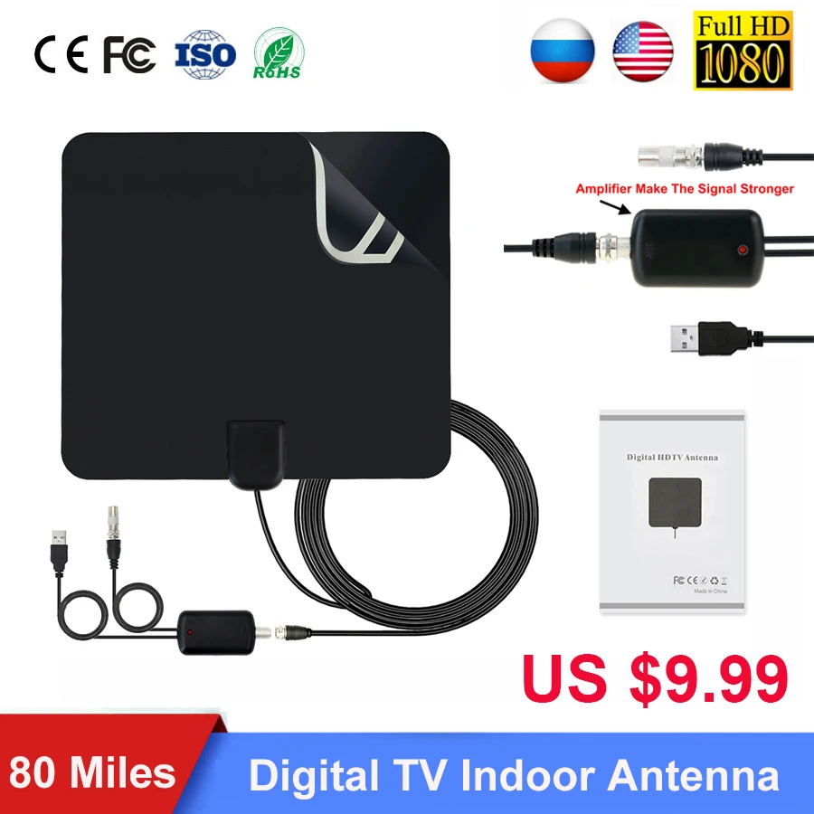 2019 Новая цифровая DVB T ТВ антенна 80 Miles 1080 P HD антенный усилитель сигнала приемник