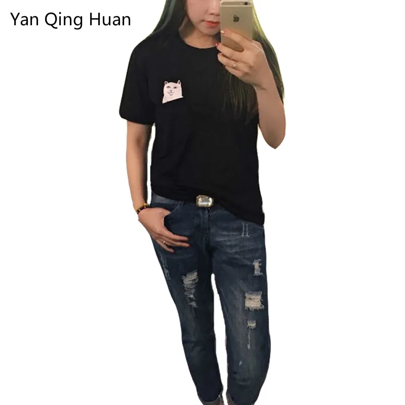 

Yan Qing Huan Animal Print T-shirt Summer New Pocket Cartoon Short Sleeve Tees Harajuku Street Tide Brand Large Size Cat T-shirt