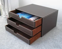 horizontal 3 layer 3 drawer wood struction leather desk filing cabinet storage box office organizer document container brown217b