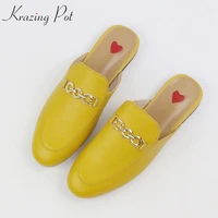 2022 genuine leather brand summer shoes slip on large size embroidery flat with slingback outside slippers metal chains mules