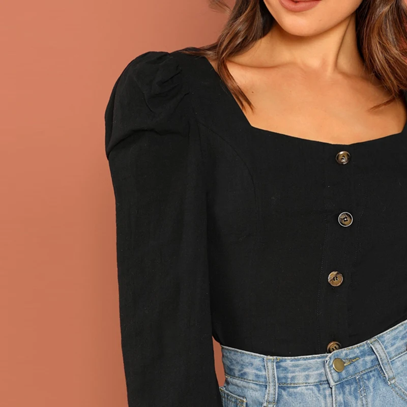SHEIN Блузка На Пуговицах С Квадратным Вырезом И Оригинальным Рукавом Женский Осенний Черный Элегантный Топ С Длинными Рукавами