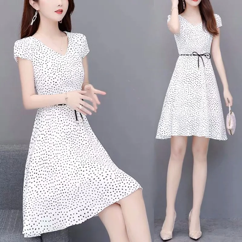 Женское Повседневное платье с круглым вырезом и коротким рукавом поясом в