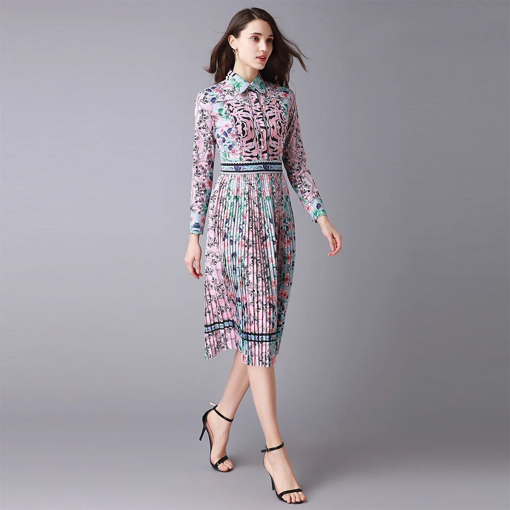 2018 New Fashion Pretty Print Pleated Dress High Quality Spring Turn-down Collar Knee-Length Slim Elegant Female | Женская одежда