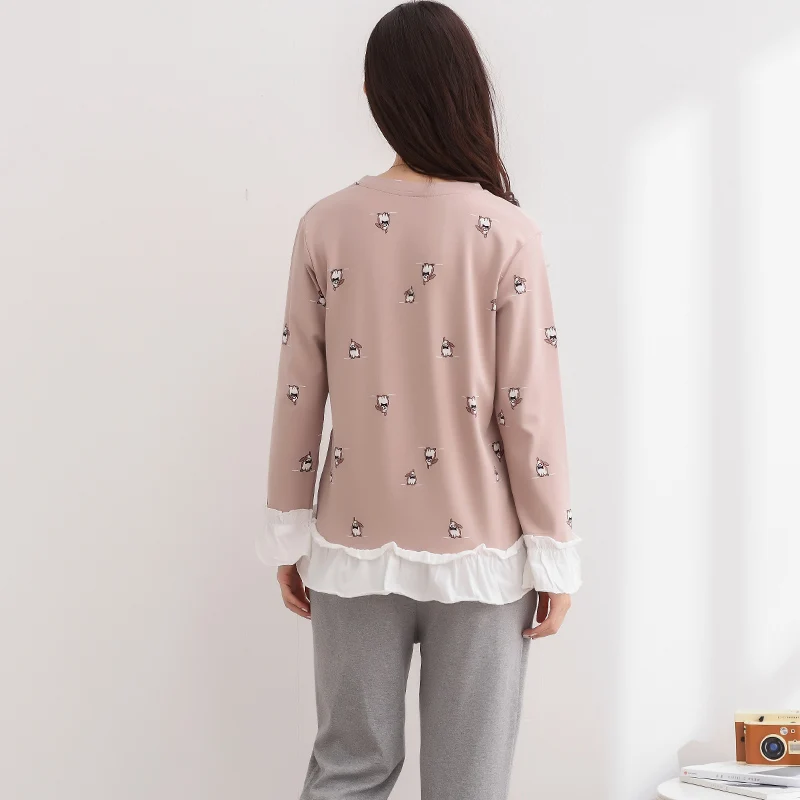 2019 Autumn Winter 100% Cotton Pajama Sets for Women Long Sleeve Lace Pyjama Girl Cute Cartoon Homewear Loungewear Home Clothing | Женская